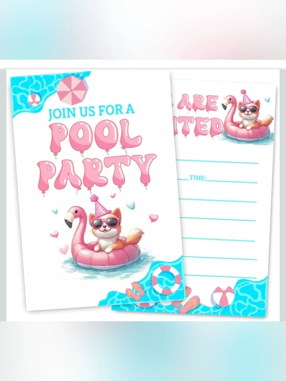 Pool Party 30 Cards & 30 Envelope Invitations Pink Flamingo Float & A Cat Summer